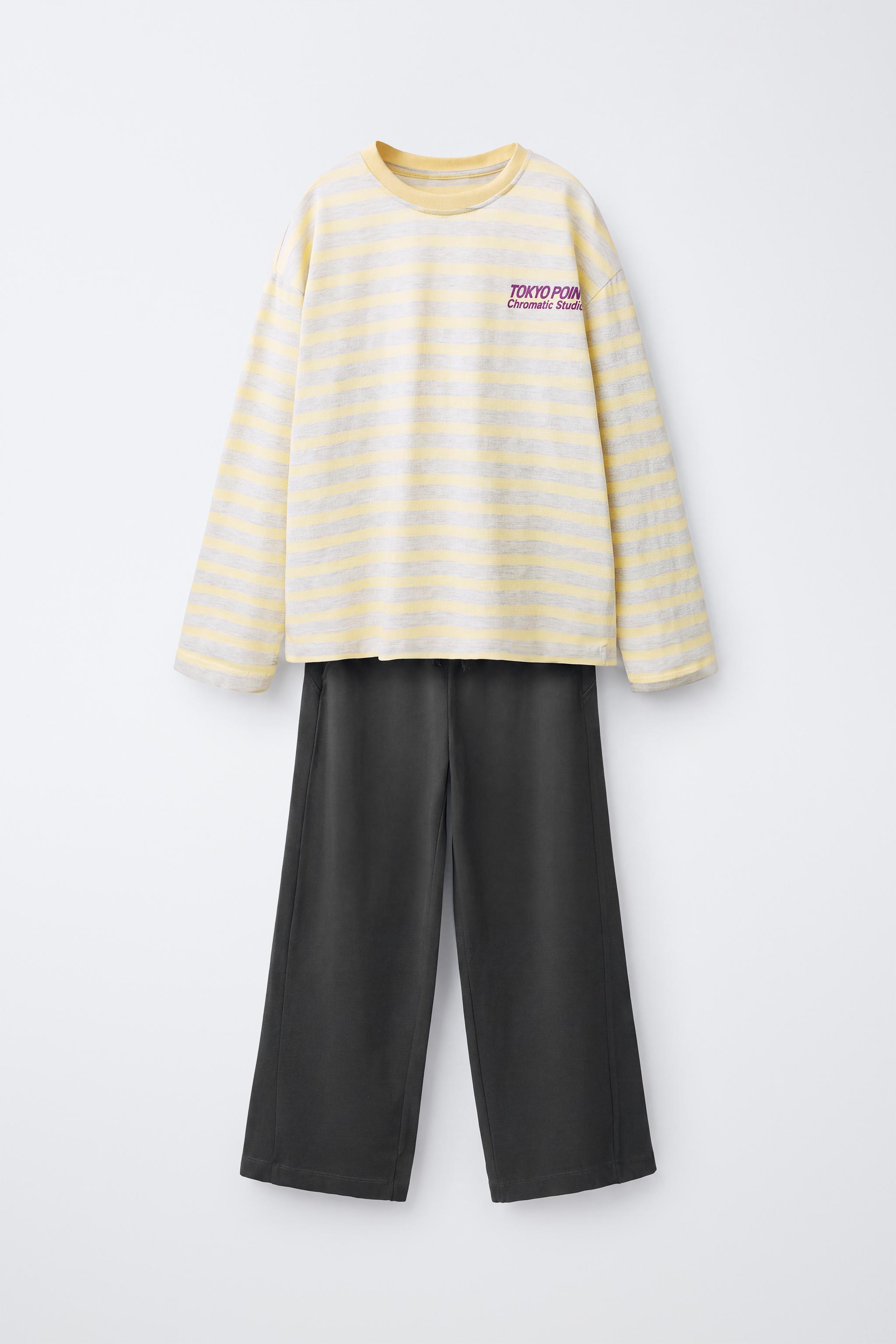 STRIPED T-SHIRT AND WIDE-LEG TROUSERS SET — Light yellow