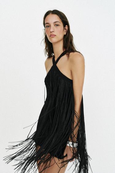 ROBE COURTE À FRANGES - Noir de Zara - Image 3