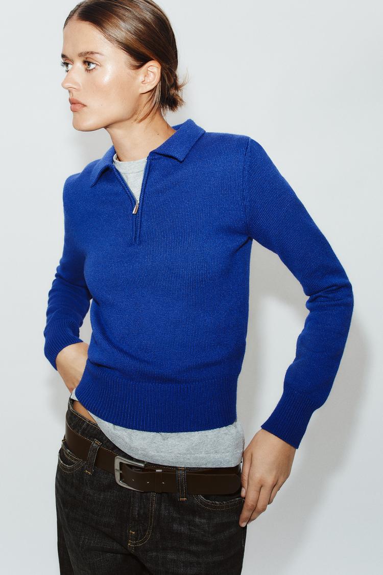 ZIP-NECK KNIT POLO — Bluish
