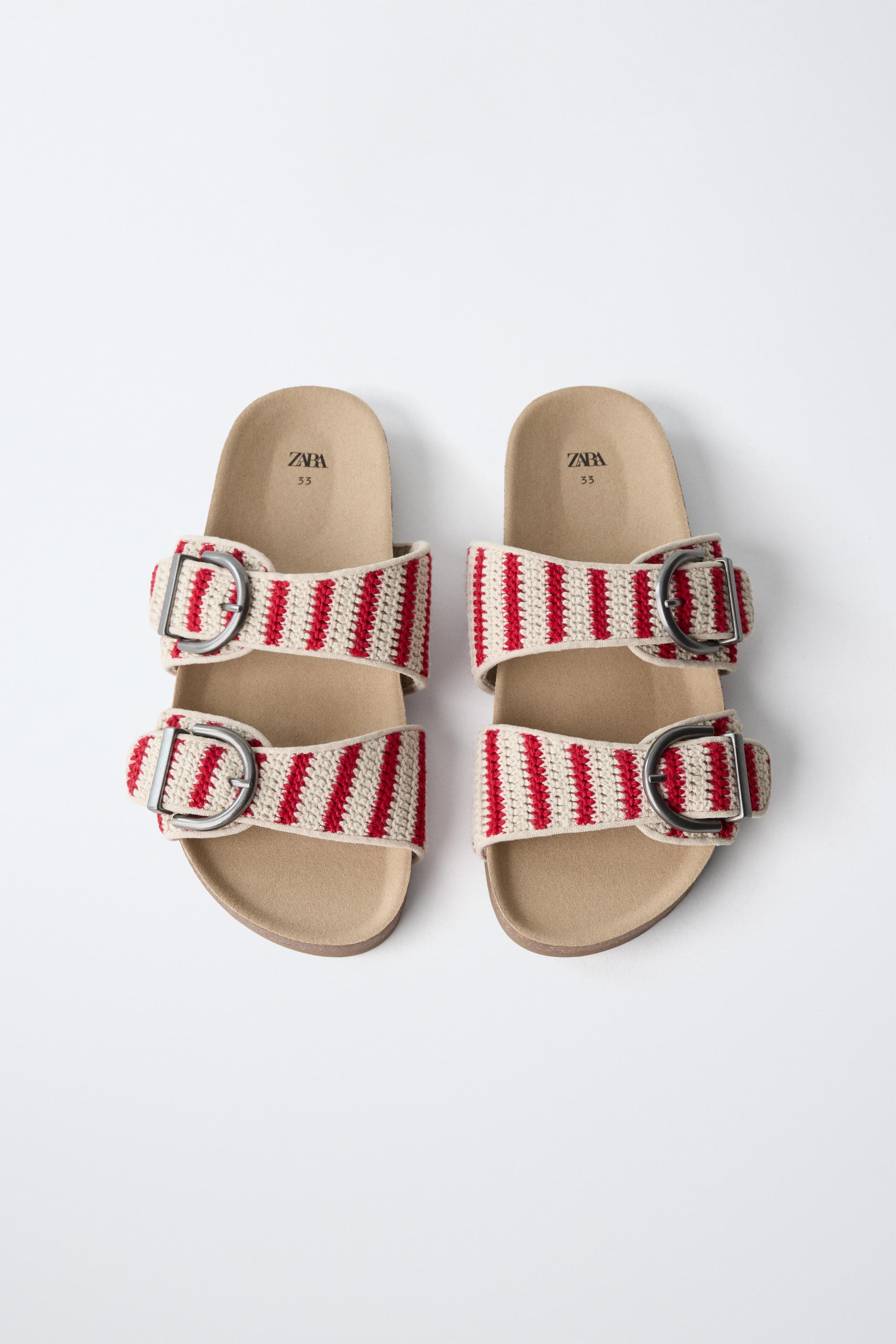 CROCHETED BUCKLE SANDALS — Red