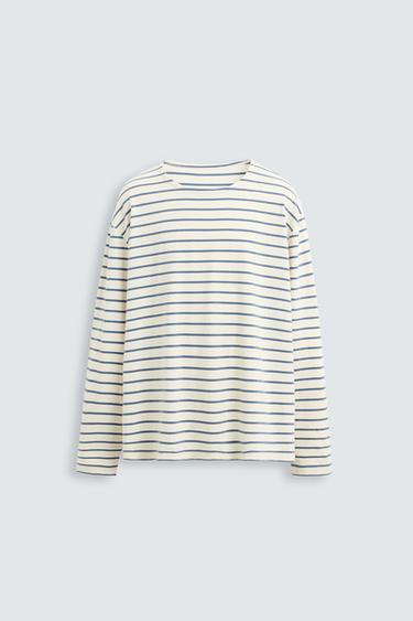 CAMISETA JACQUARD RAYAS - Crudo / Azul de Zara