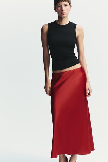 Zara SATIN MIDI SKIRT - Red