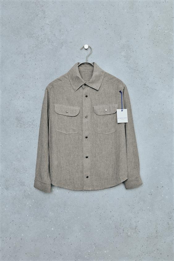 STORIESZ - LINEN BLEND SNAP BUTTON SHIRT - Grey marl by Zara - Image 0