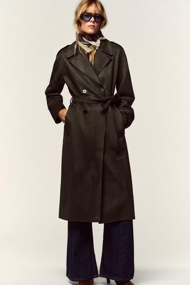 LONG FAUX SUEDE TRENCH COAT - Khaki by Zara