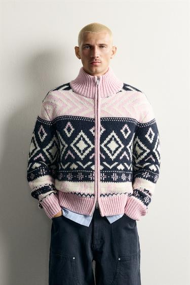 Zara COMBINATION ARGYLE KNIT CARDIGAN - Navy / White