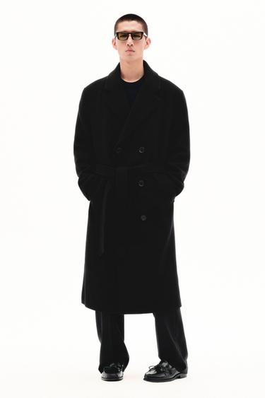 Zara 繫腰帶羊毛混紡雙排扣大衣 - 黑色