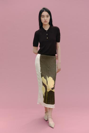 주름 효과 프린트 미디 스커트 - Zara 그린 / 크림