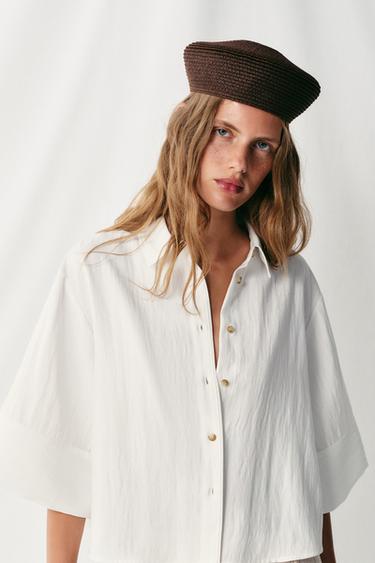 Zara CROPPED SHIRT WITH WIDE SLEEVES - White
