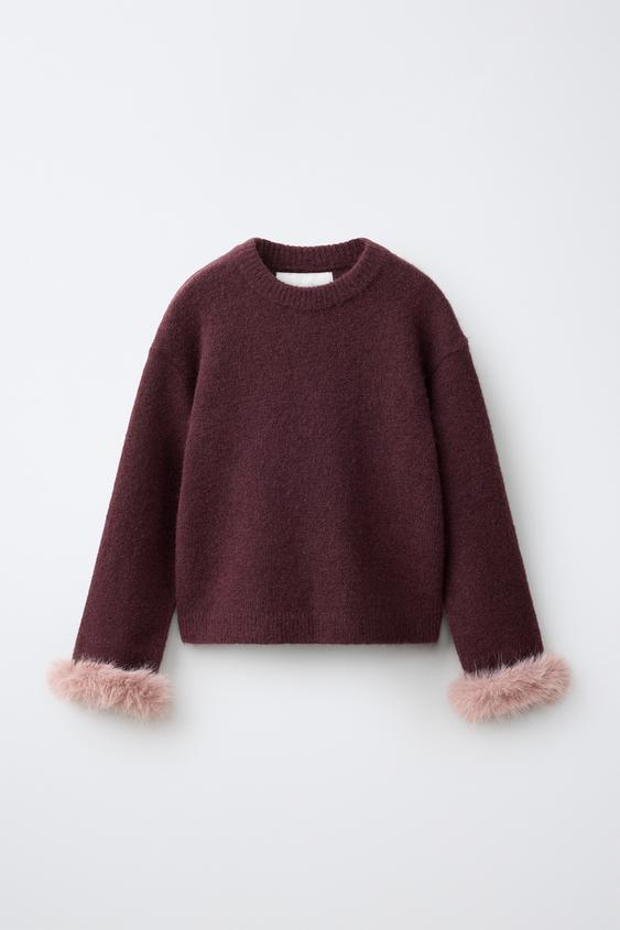 KNIT JUMPER WITH FAUX FUR CUFFS - Dark burgundy by Zara - Image 0