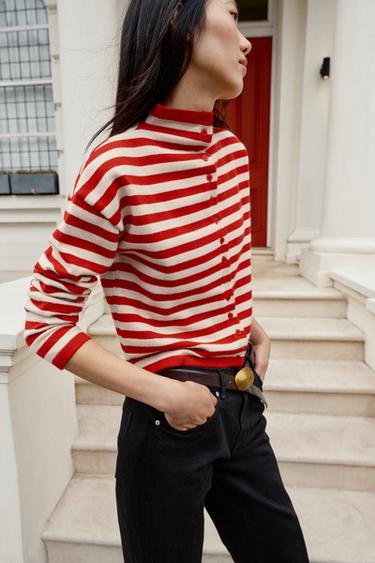 GILET EN MAILLE À RAYURES - Rayure rouge de Zara - Image 3