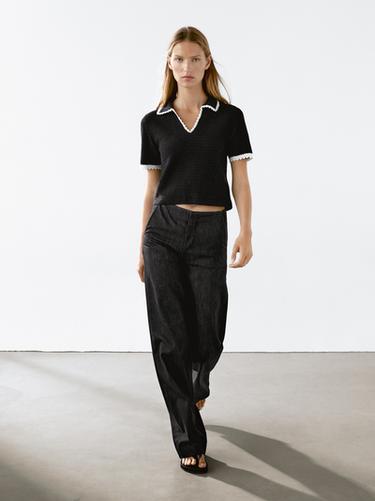 Polo à manches courtes en maille de coton - Noir de Zara