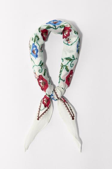 Zara FLORAL EMBROIDERY BANDANA - Ecru