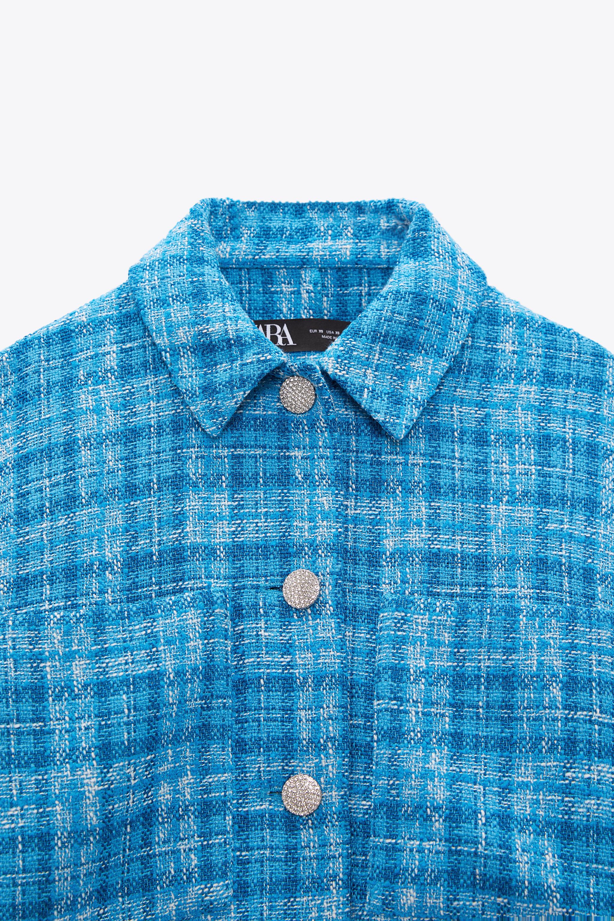 ZARA Jewel Button sale Structured Tweed Overshirt Size S Blue