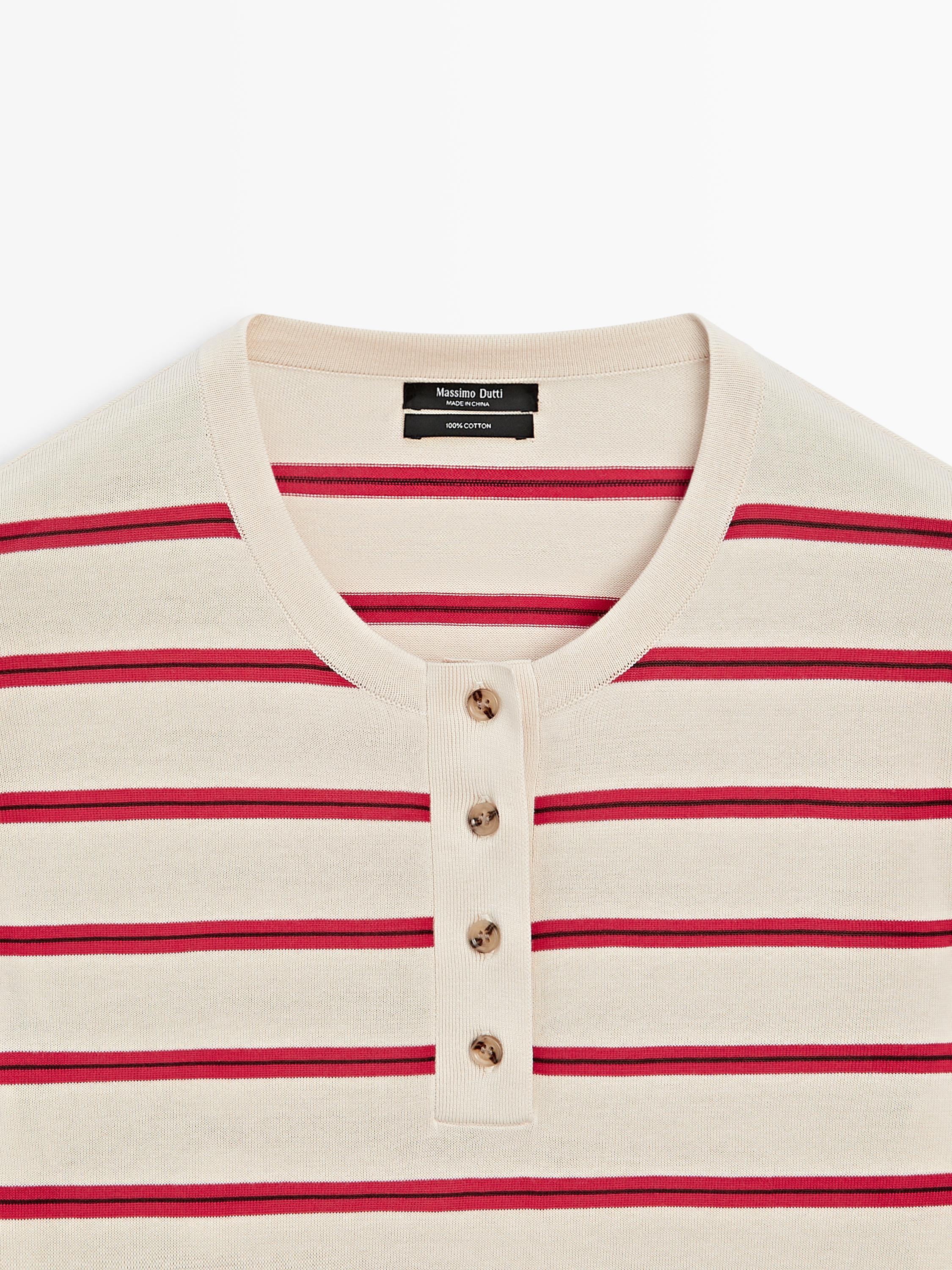 100% cotton striped knit henley sweater
