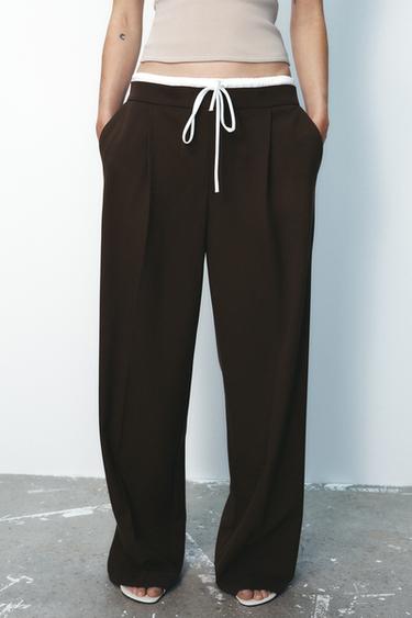 WIDE-LEG TROUSERS WITH DOUBLE WAISTBAND - Chocolate brown by Zara
