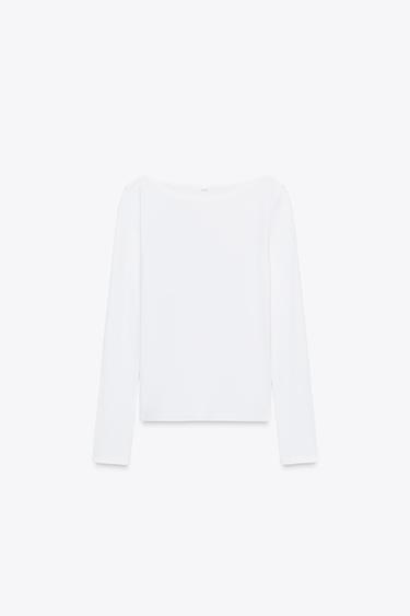 CAMISETA CUELLO BARCO ALGODÓN - Blanco de Zara
