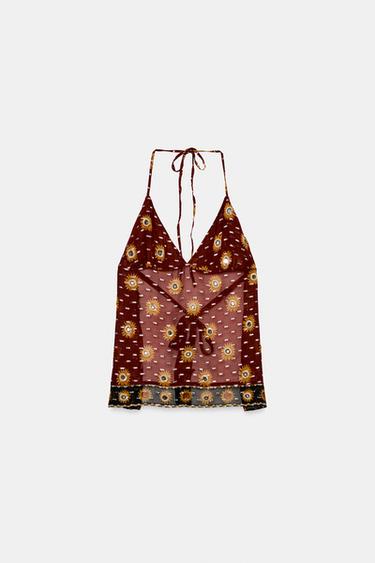 BEADED PRINTED GEORGETTE HALTER TOP - Burgundy by Zara - Image 6