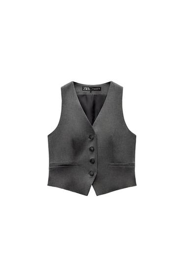 Front view of a gray vest with buttons and front pockets.