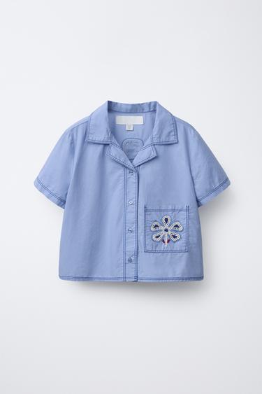 Zara FLORAL EMBROIDERY SHIRT - Mid-blue