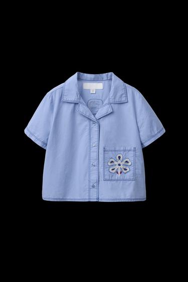 SHIRT WITH EMBROIDERED FLOWER - Mid-blue by Zara - Image 0