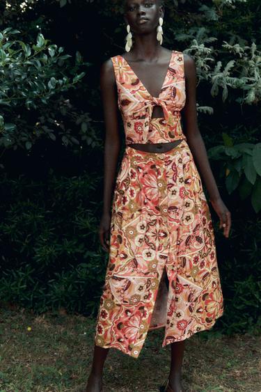 JUPE MIDI RUSTIQUE IMPRIMÉE - Multicolore de Zara - Image 2