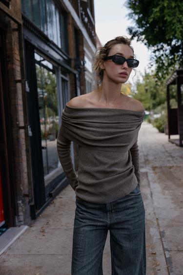Zara RUCHED STRAPLESS KNIT TOP - Taupe gray