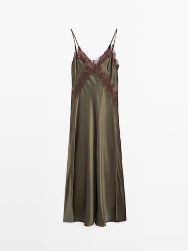 Zara 100% silk long slip dress - STUDIO - Dark green - Image 0