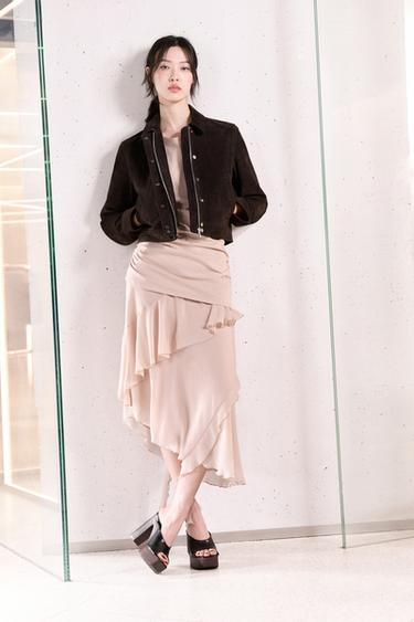 Zara 荷葉邊拼接中長版連身裙 - 嫩粉色