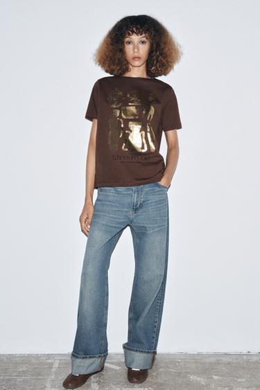 Zara METALLIC SHORT SLEEVE T-SHIRT - Chocolate