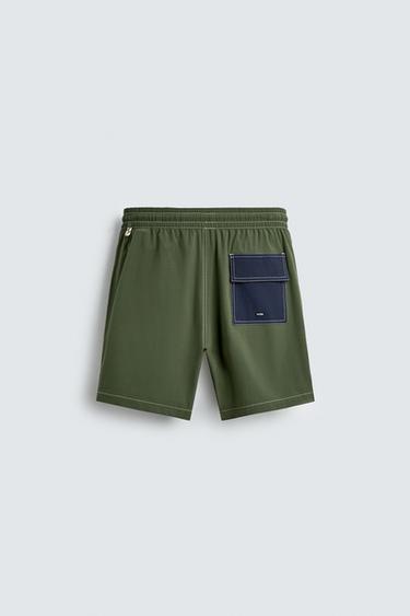 LONG COLOUR BLOCK SWIMMING TRUNKS - Green by Zara