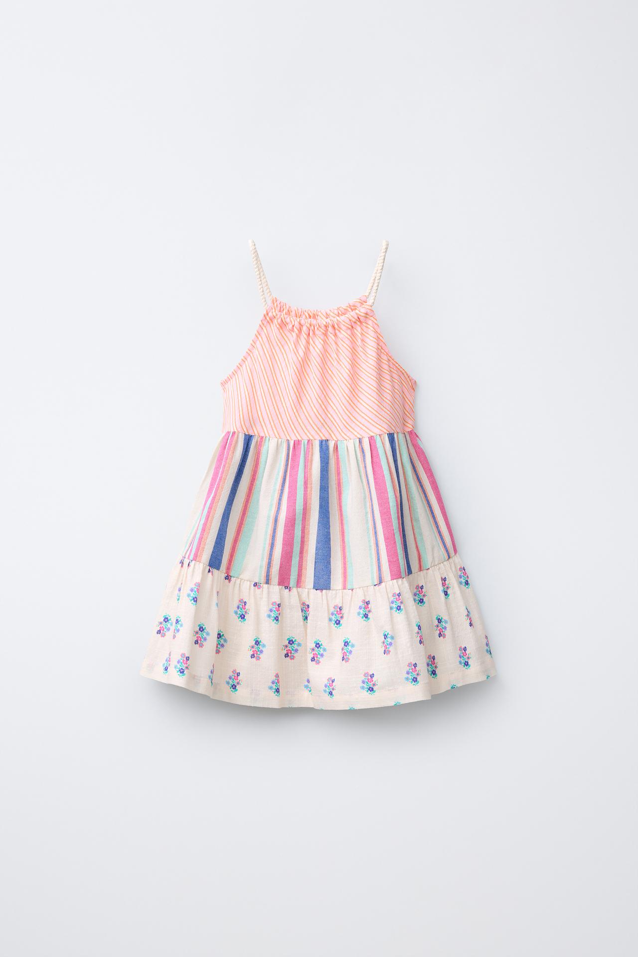 STRIPED AND FLORAL PLEATED DRESS — Multicolored