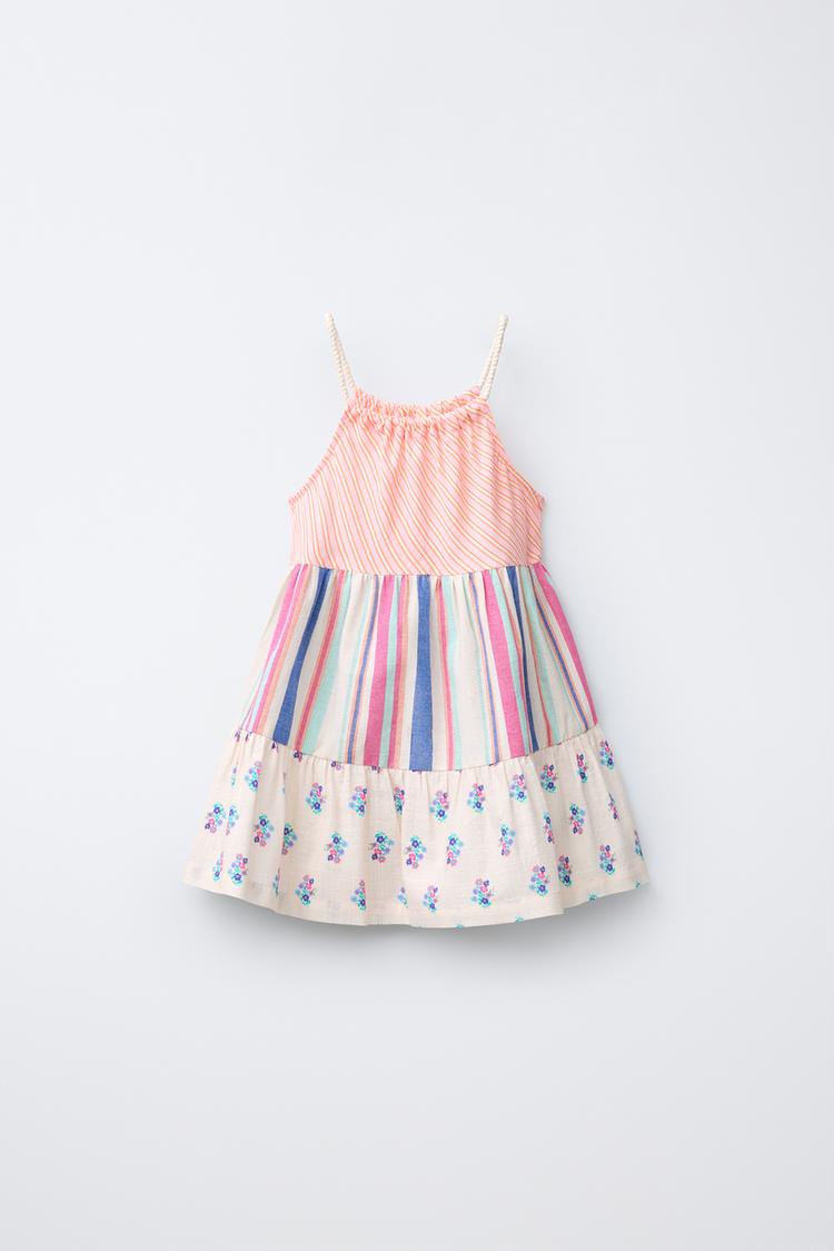 STRIPED AND FLORAL PLEATED DRESS — Multicolored