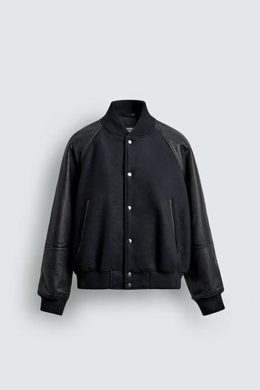 Zara LEATHER COMBINATION BOMBER JACKET LIMITED EDITION - Dark navy
