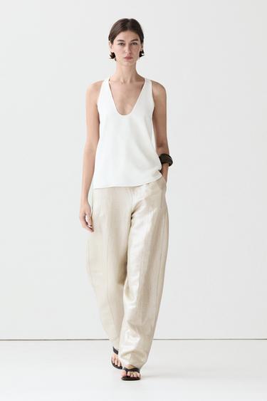 Zara Flowing metallic linen trousers - Beige - Image 0