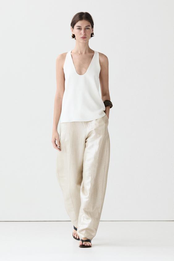 Flowing metallic linen trousers from Zara - $200