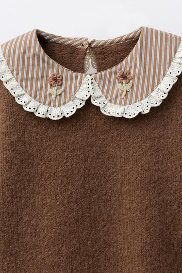 PULL EN MAILLE COL RAYURES ET FLEURS - Chocolat de Zara - Image 2