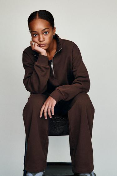 ZIP-UP SWEATSHIRT AND WIDE-LEG TROUSERS SET - Brown by Zara