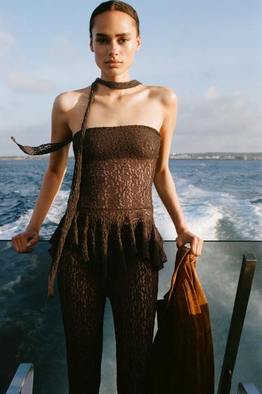 LACE FLARE TROUSERS - Brown by Zara - Image 1