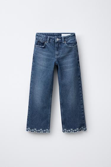 EMBROIDERED STRAIGHT-LEG DENIM TROUSERS - Blue by Zara