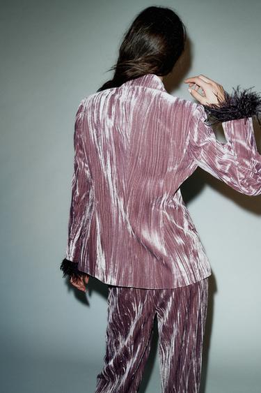 Zara DOUBLE BREASTED VELVET BLAZER WITH FEATHERS - Mauve
