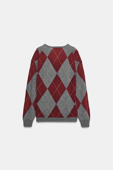 PULL 100 % LAINE À LOSANGES - Gris grenat de Zara - Image 6