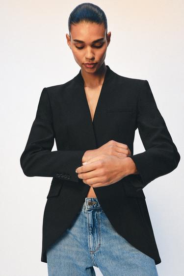 Zara ASYMMETRIC PADDED SHOULDER BLAZER - Black