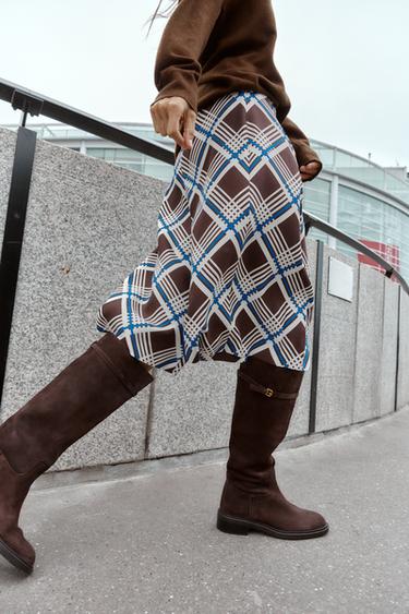 Zara LOW HEELED EQUESTRIAN SPLIT LEATHER BOOTS - Brown