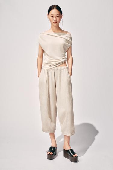 Zara 不對稱針織短版上衣 - 沙色