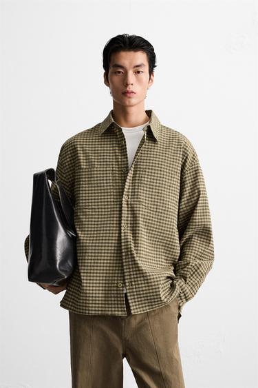 CHECK SEERSUCKER SHIRT - Khaki by Zara - Image 1