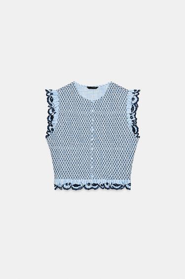 TOP NID D'ABEILLE À CARREAUX - Bleu / Blanc de Zara - Image 4