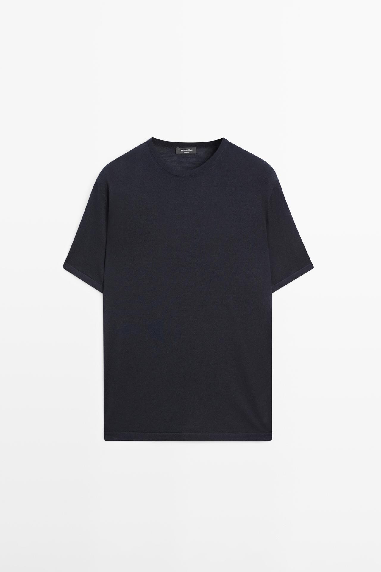 Wool-blend short-sleeve knit sweater — Navy blue