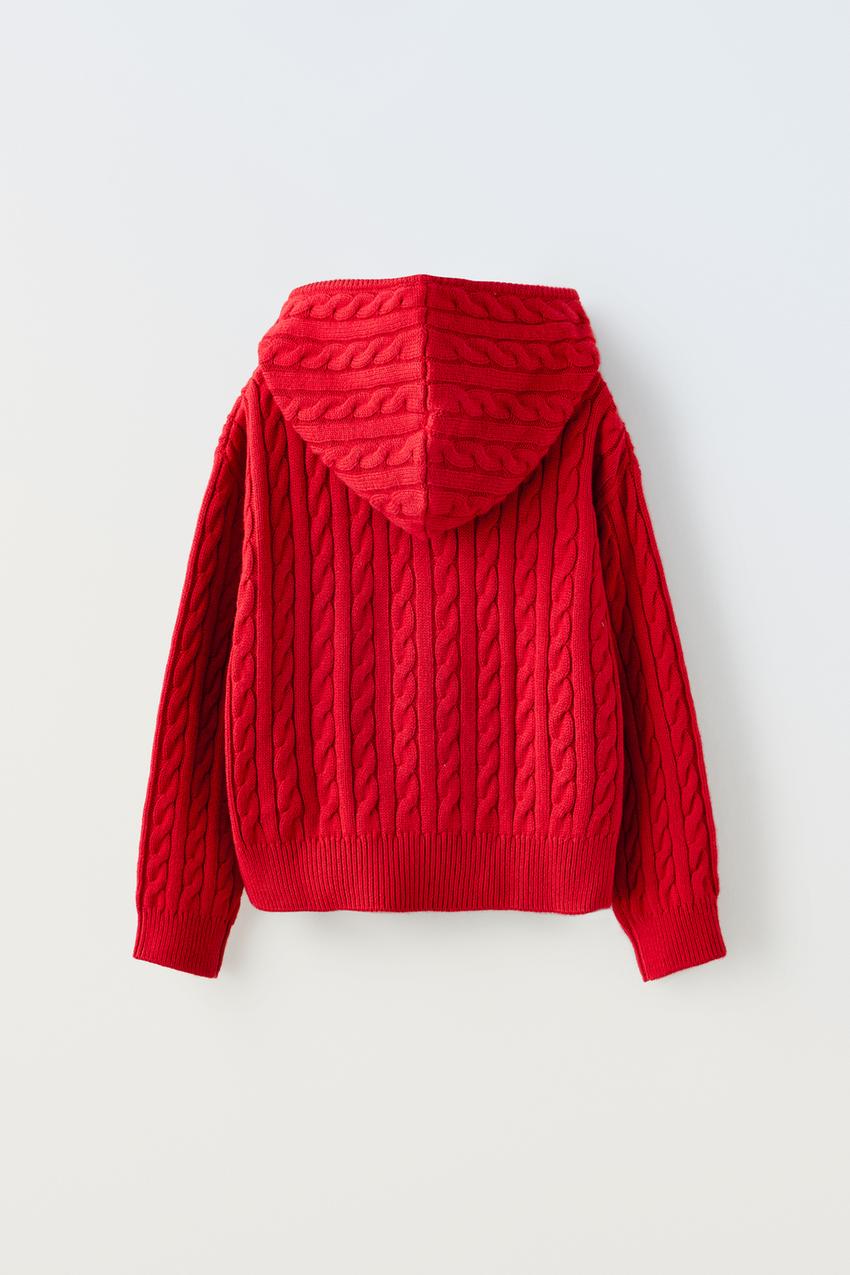 ZIPPERED CABLE-KNIT CARDIGAN - Red