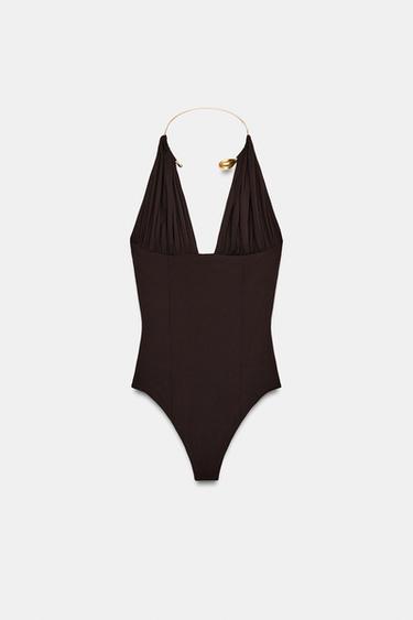 POLYAMIDE CHOKER BODYSUIT - Dark brown by Zara - Image 4