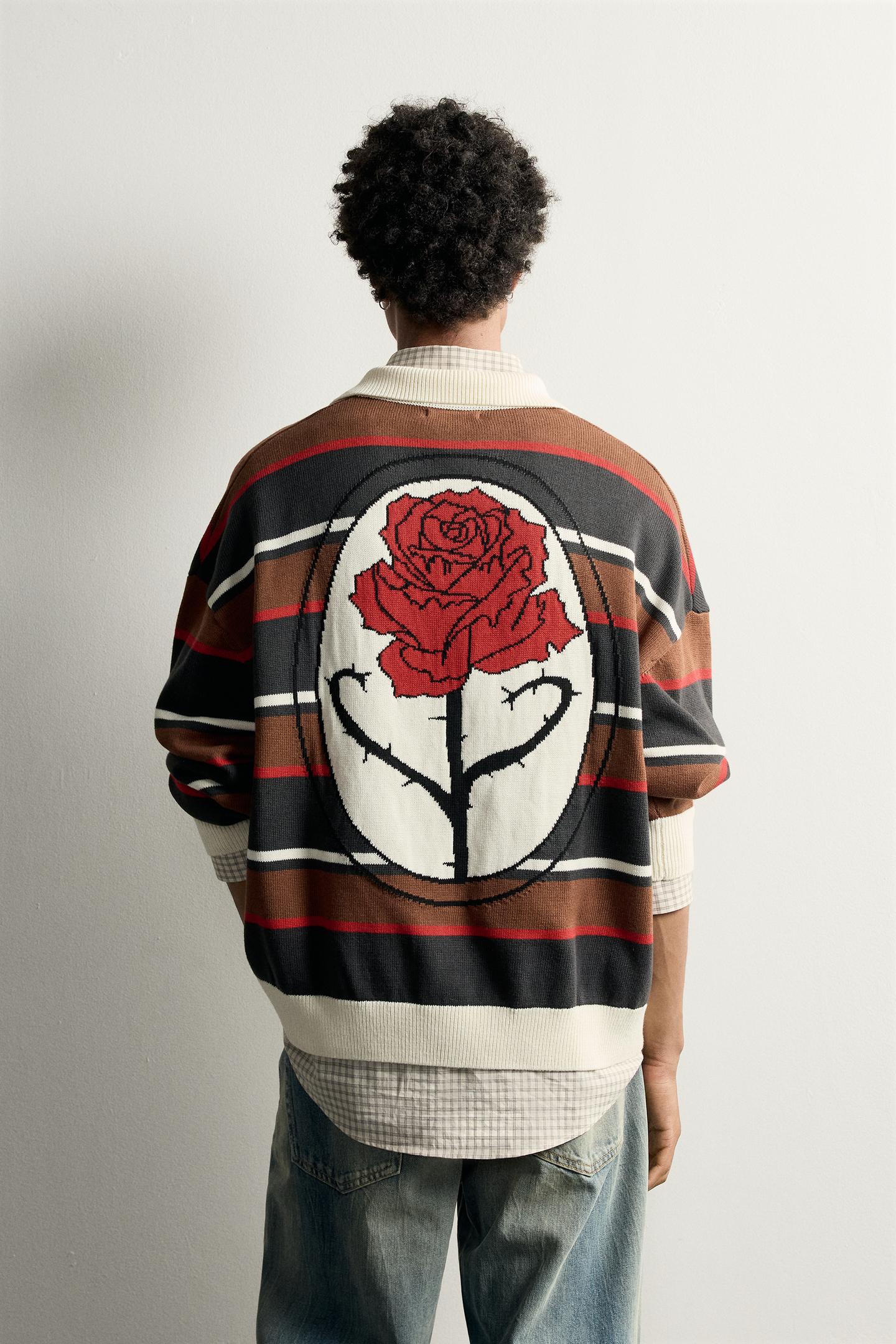 Мужское поло Zara Floral Intarsia Striped Polo, цвет: Антрацитовый серый — фото 3